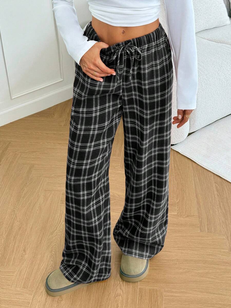 SHEIN Tall Women's Belted Plaid Straight Leg Loose Casual Pants Lounge Pants - Black and White - View 1
