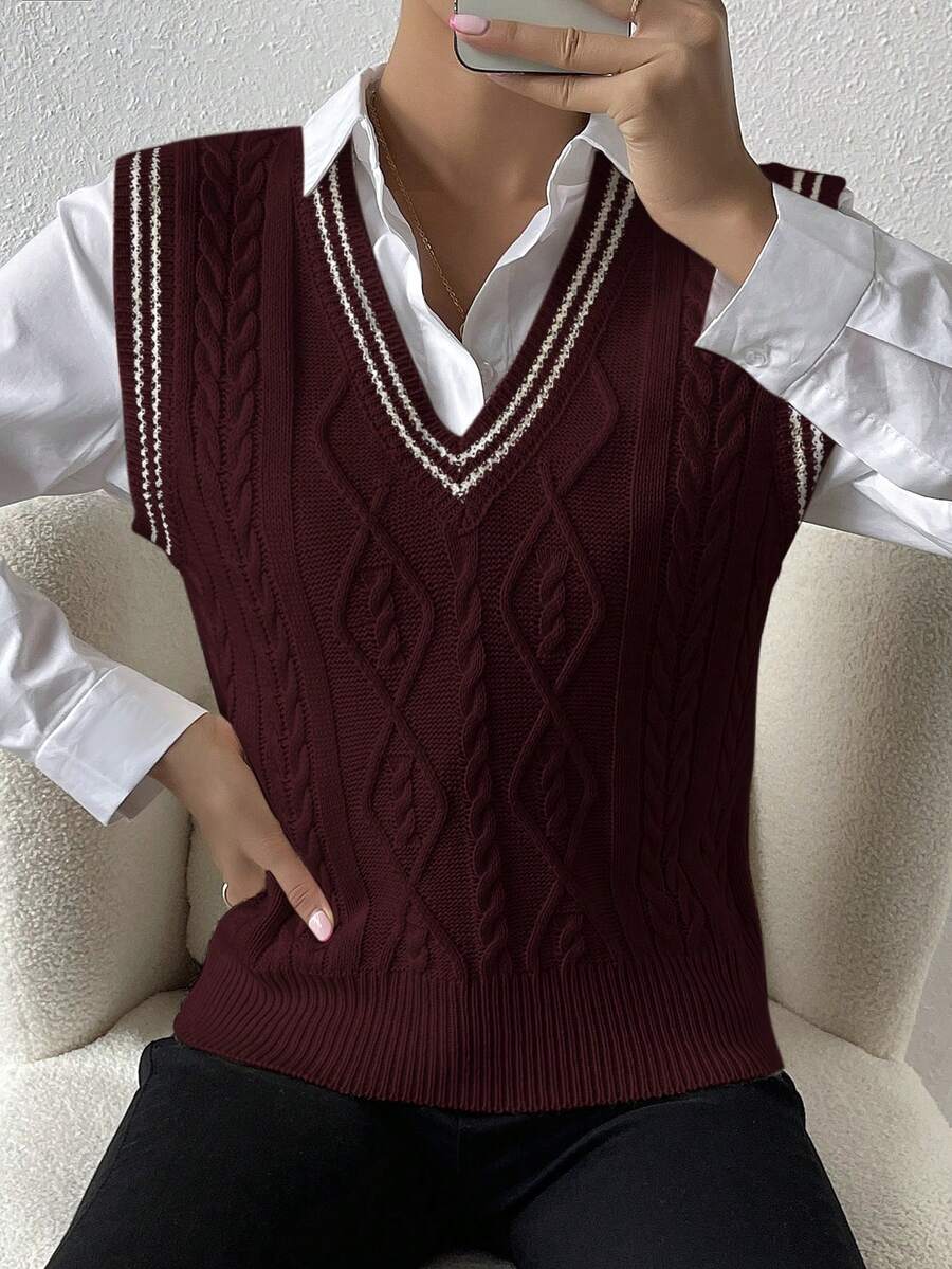 Zielony Women's V-Neck Knitted Vest Top, College Style, Autumn/Winter - Burgundy - View 1