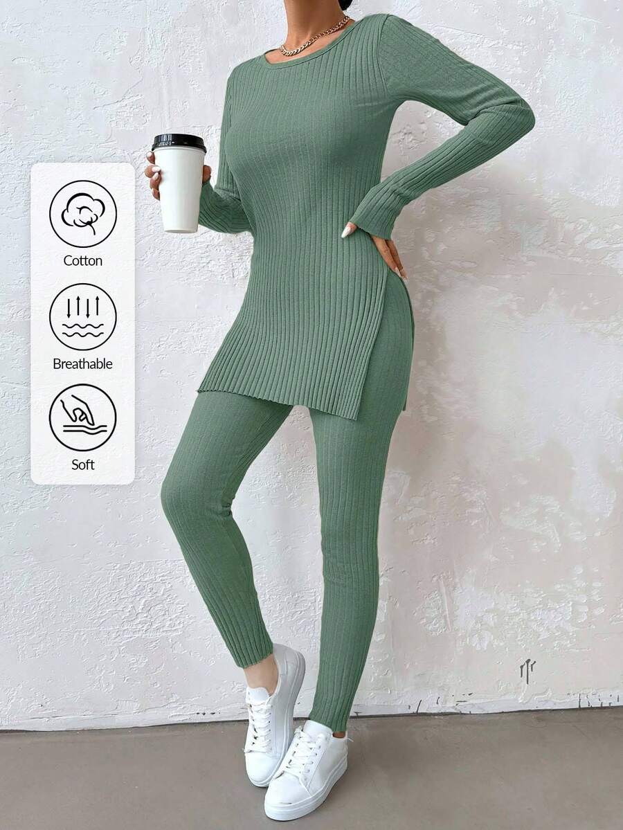 EURMUSE Bộ áo thun nữ bằng cotton màu trơn cổ tròn, gấu áo xẻ tà, gồm áo thun và quần bó sát. - Màu xanh Bạc hà - Xem 1