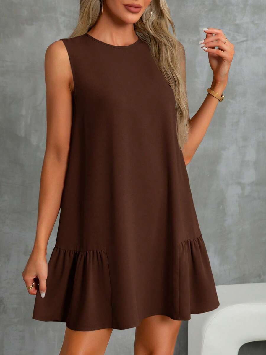 SHEIN Essnce Summer Women Dresses A-Line Round Neck Dress Sundress Mother Day Dress Casual Dress Brown Dress Women Ruffle Hem Dress Brown Sundress Drop Waist Dress Coffee Brown Dress - Coffee Brown - View 1