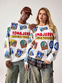 TOM & JERRY X SHEIN 男士休闲卡通字母图案圆领卫衣，秋季款 - 白色 - 查看 1