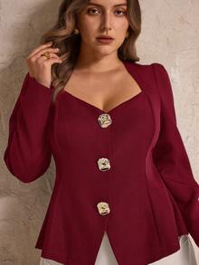 Elegantrix Áo sơ mi nữ cỡ lớn cổ tim cài kim loại thời trang, thích hợp cho mùa Thu/Đông. - Màu Đỏ Sâu - Xem 4