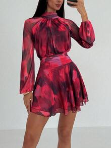 Aloruh 女士秋冬新款长袖修身A字伞裙，适合年轻休闲/约会/外出/教师穿着，浪漫紫色扎染网纱印花立领系腰连衣裙 - 酒紅色 - 查看 3