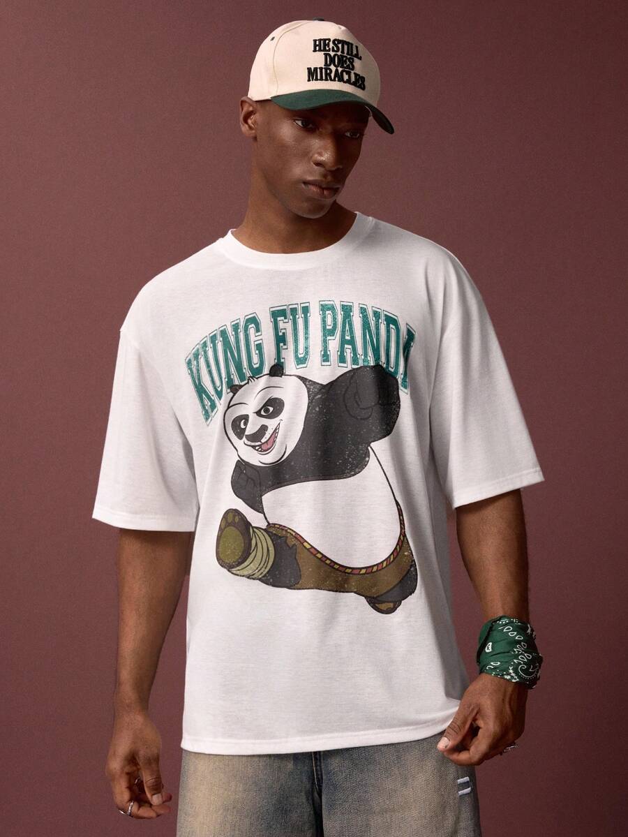 Kung Fu Panda X SHEIN Áo thun nam tay ngắn màu trắng in chữ hoạt hình, thích hợp mặc hàng ngày đi làm, mùa hè. - trắng - Xem 1