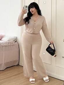 Comfortcana Conjunto informal de 2 piezas de talla grande para mujer, compuesto por un cárdigan de punto de manga larga con hombros caídos y pantalones de punto, para otoño/invierno - Caqui - Ver 13