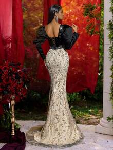 Glamrae Elegant Luxury Woven Satin Cream Collar Puff Sleeve Handmade Crystal Boned Splice Shiny Beaded Embroidered Fishtail Hem Gown, Suitable For Balls, Business, Private Tea Parties, Birthday, Holiday Events, Wedding Guest Dresses, Influencer Formal Dress