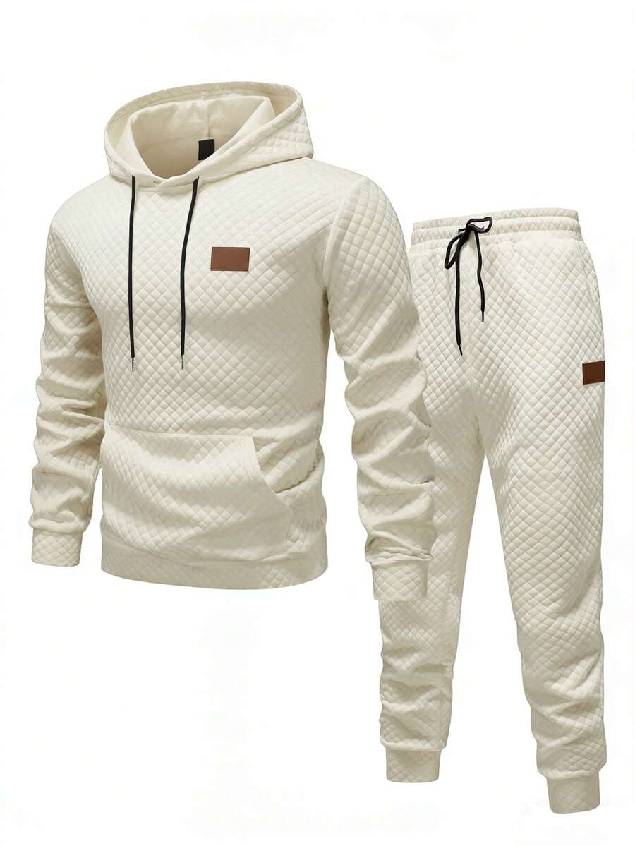 Manfinity Homme Bộ áo hoodie và quần ống rộng nam, vải jacquard họa tiết hình thoi màu trơn, thiết kế nhãn mác chi tiết, bộ đồ thể thao thường ngày, phong cách tối giản cho mặc nhà, đi làm, bộ đồ thể thao nam cỡ lớn mùa thu/đông, bộ đồ thể thao nam thường ngày, bộ áo hoodie và quần thể thao nam, bộ đồ thể thao 2 mảnh nam, bộ đồ 2 mảnh nam màu trắng - Màu be - Xem 1