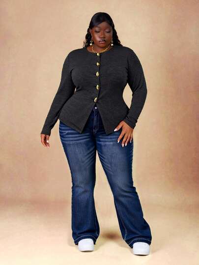 CurvyTilda プラスサイズ レディース メタルボタン装飾 長袖 ベーシックトップ