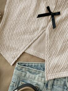 Teen Girls Cute White Crop Top With Black Bowknot Detail And Slit Hem,Summer Tops - Apricot - View 5