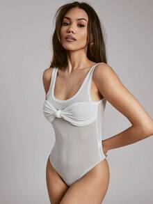 Hauture Women's Simple Sheer Mesh With Front Knot Sexy Elegant Daily Going Out Bodysuit - White - View 5