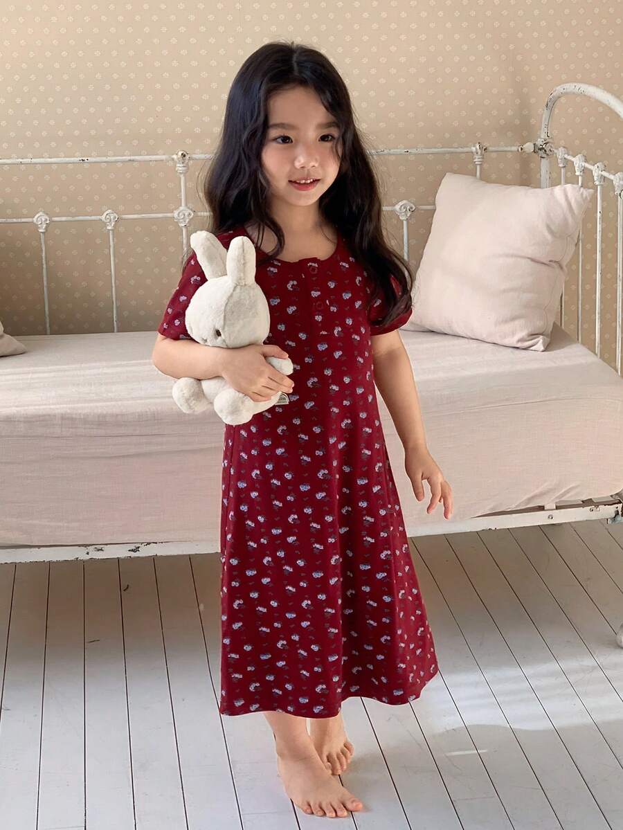 Dazy Kids Young Girls Round Neck Short Sleeve Nightgown Loungewear - Burgundy - View 1