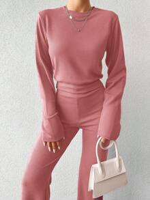 EURMUSE Ladies' Solid Color Long Sleeve Top And Pants Set - Pink - View 5