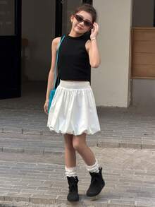 DAZY Tween Girl Solid Color Floral Bud Stylish & Cute Skirt - White - View 3