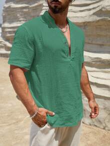 HIMLAND Áo sơ mi nam tay ngắn màu trơn thường ngày cho kỳ nghỉ hè - màu xanh lá - Xem 4