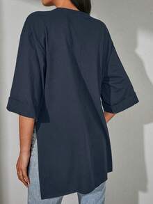 EURMUSE Solid Drop Shoulder Split Hem Tee - Navy Blue - View 2