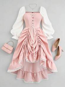 Sweetra Valentine Plus Size Romantic Square Neck Criss-Cross Tie Waist Ruched Hem Dress - Pink - View 8