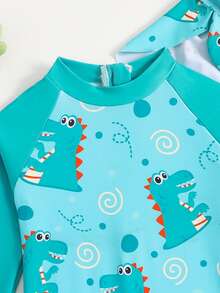 SHEIN 一套男童长袖连体泳衣，含泳帽，适合沙滩和水疗中心 - 綠色 - 查看 5