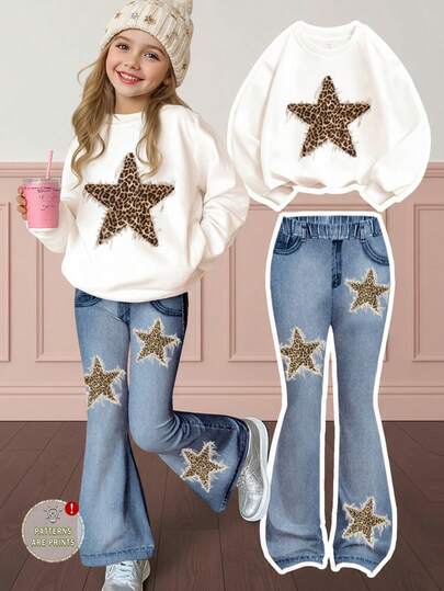 SHEIN Leap Crew 2 件套青少年女孩复古豹纹和星星图案厚实柔软舒适宽松圆领长袖运动衫和喇叭裤套装，适合秋季日常穿着、街头服饰、校园装、秋冬装