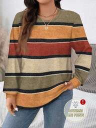 EMERY ROSE Bluza z okrągłym dekoltem, luźnym nadrukiem w paski, w kolorze merlot, na święto dziękczynienia, na Halloween, w swobodnym, minimalistycznym rozmiarze plus size, jesień/zima