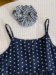 Summer New French Retro Navy Blue Polka Dot Camisole Blouse For Women, Tie Bow Adjustable Shoulder Strap, Waist Cinched, Ruffle Hem, Versatile Crop Top - Navy Blue - View 2