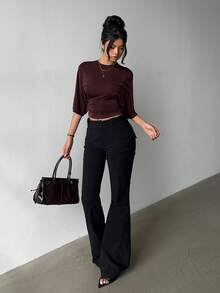 Aloruh Women's Round Neck Batwing Sleeve Ruched Cropped T-Shirt - Coffee Brown - View 5