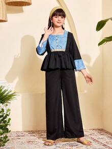 Bộ đồ 2 mảnh thời trang cho bé gái, áo thun và quần ống rộng thiết kế phối màu retro, họa tiết trang trí, trang phục thường ngày thoải mái, mùa xuân/thu. - màu đen - Xem 3