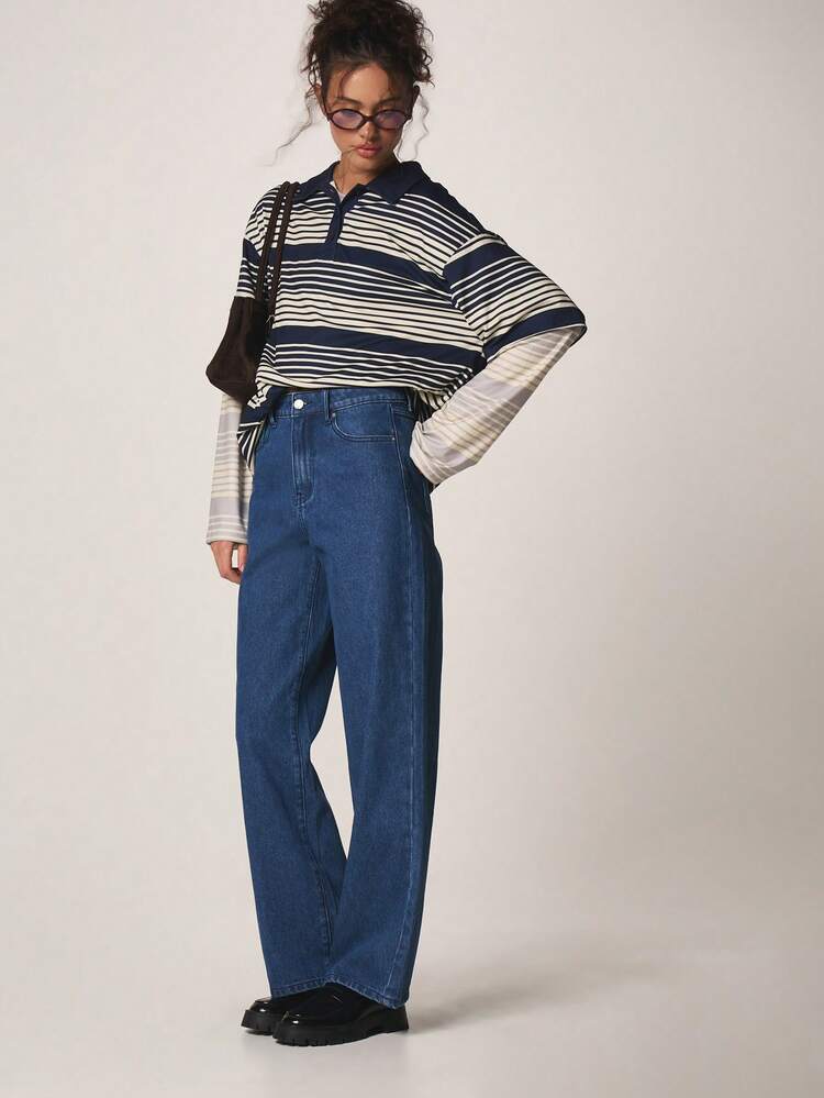 MISSGUIDED Classic High Rise Straight Leg Denim Jeans Wide Leg Medium Wash Cotton Jeans For Casual Everyday Wear Fall Winter
