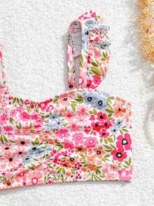 3件套少女短袖碎花荷叶边泳衣套装，中国风比基尼