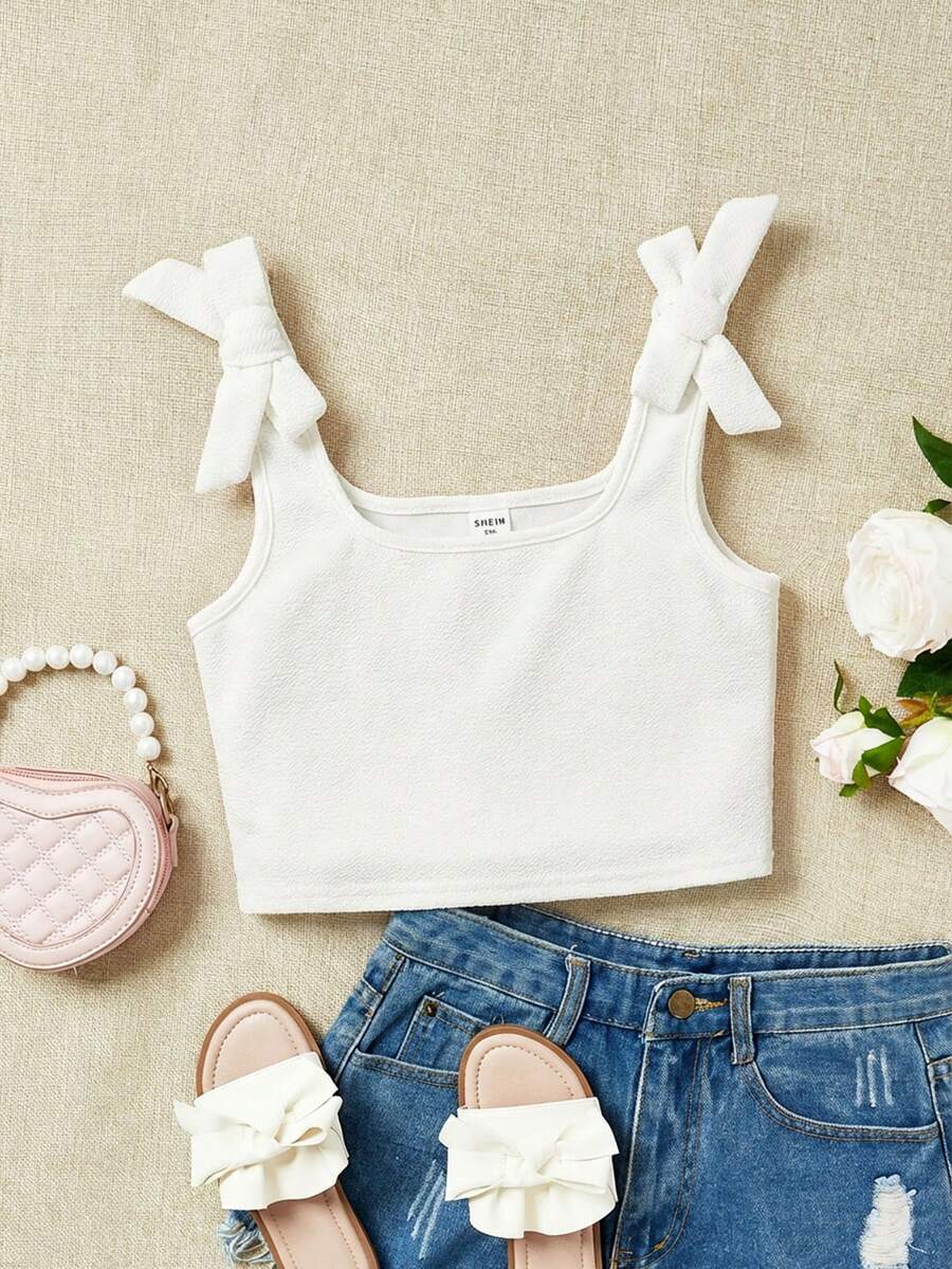 SHEIN 少女针织纹理蝴蝶结装饰休闲吊带背心 - 白色 - 查看 1