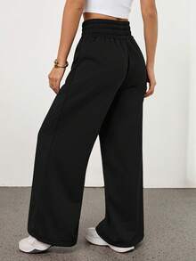 SHEIN PETITE Solid Drawstring Waist Sweatpants Graduation,Back To School Outfits,Graduation,Teacher Outfits For Women,Back To School - Black - View 2
