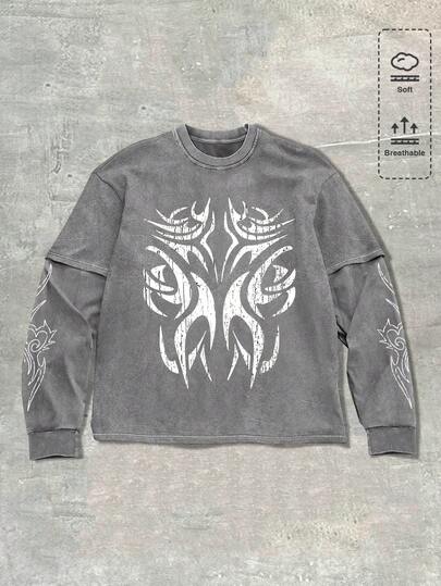 Goth Maglietta casual da uomo a maniche lunghe con stampa 2 in 1
