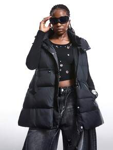 SHEIN EZwear 冬季拉链连帽背心外套 - 黑色 - 查看 1