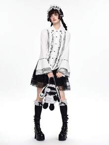 ROMWE Goth Blusa ajustada de mujer con volantes y encaje de tela de araña gótica - Blanco - Ver 8