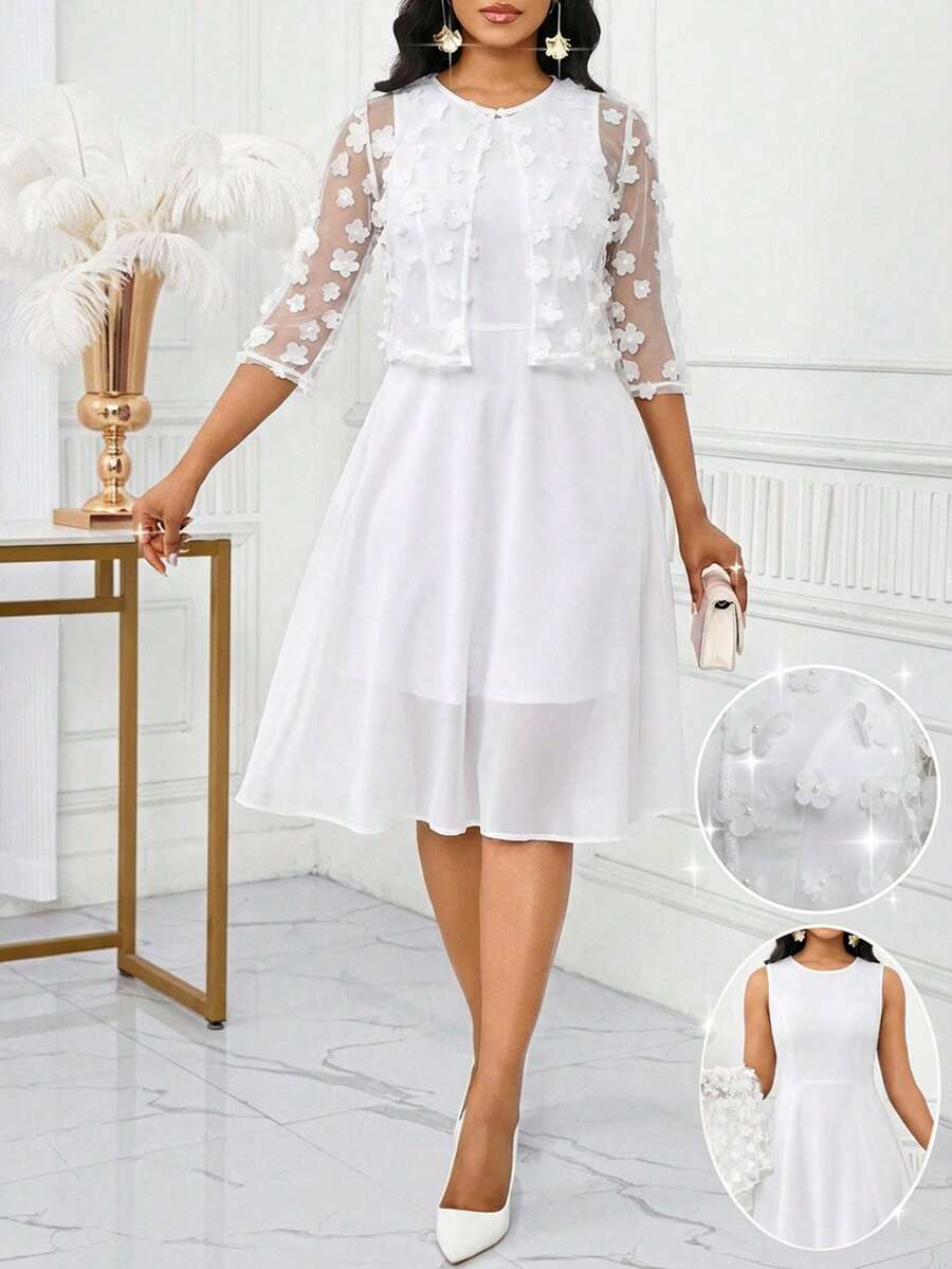SHEIN Lady 2pcs Women Floral Applique Sheer Jacket & Dress Set, White - White - View 1