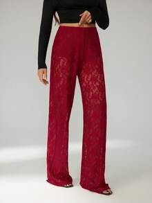 SHEIN Tall Pantalones largos transparentes de encaje de unicolor para mujer - Burdeos - Ver 10