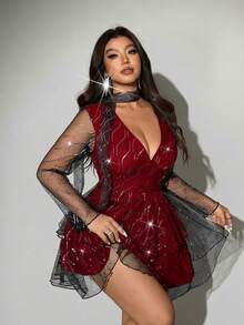 Viva Relle 大码女式网纱亮片V领系腰修身休闲连衣裙 - 紅色 - 查看 4