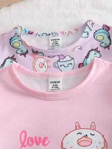 Set Piyama Baju Tidur Panjang Lengan Pendek Motif Bunga Manis untuk Bayi Perempuan, Ungu & Merah Muda - MultiWarna - View 3