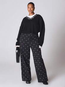 MUSERA V领针织短款蕾丝边套头衫，冬季新年可爱性感外出晚宴派对点缀