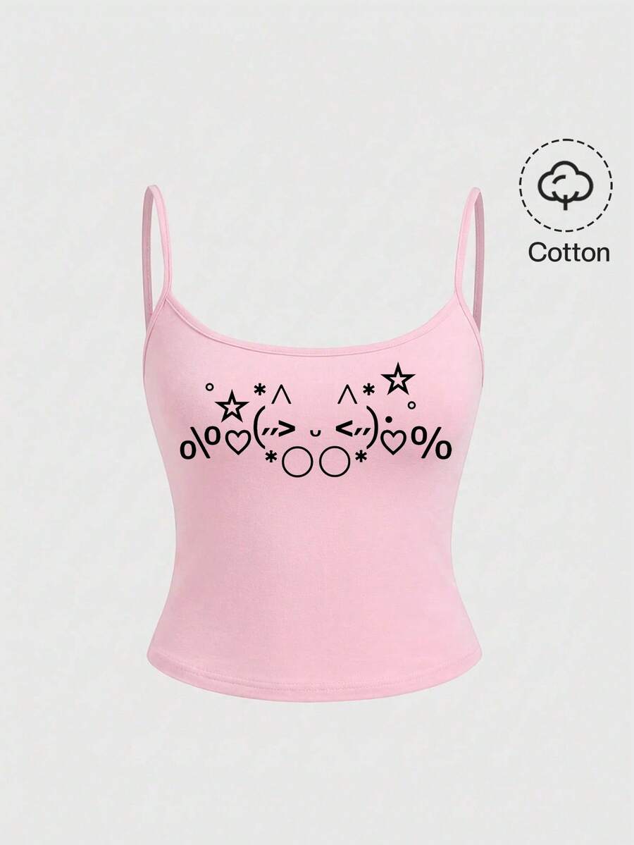 ROMWE Kawaii Áo hai dây gợi cảm kiểu cổ điển Y2K với họa tiết biểu tượng cảm xúc dễ thương dành cho nữ. - Hồng - Xem 1