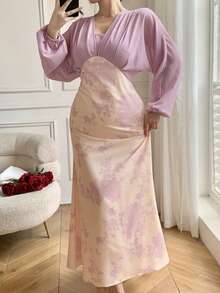 DAZY Robe longue plissée élégante à couleurs contrastées pour femmes, printemps/été - Parme - Voir 5
