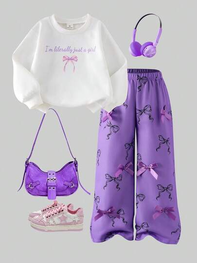 Young Girls Fashion Pink Bow Print White Round Neck Long Sleeve Top Paired With Pink Bow Decor Bow Print Pink Pants Set, Sweet & Cool Girl, Spring/Autumn Y2k Outfits Girls Purple Girl Outfit Butterfly Outfit
