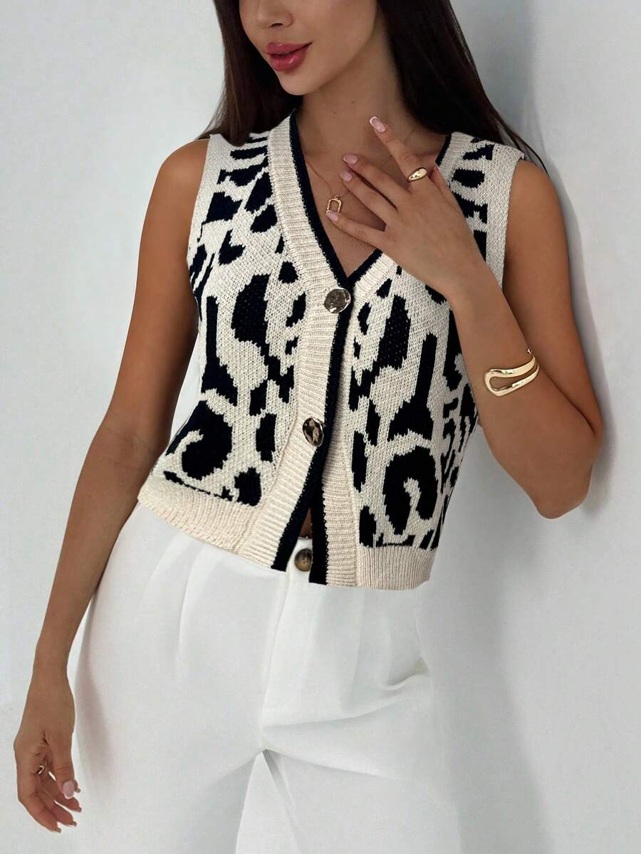 Aloruh Women's Spring/Summer Casual Leopard Print Jacquard Knit Vest Top - Apricot - View 1
