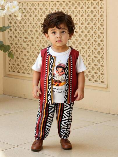 3 st/set för småbarnspojkar, kortärmad t-shirt med arabiskt tryck och lyktor, linne och byxor i geometriskt mönster, avslappnad outfit lämplig för festivaler i Mellanöstern