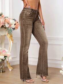 SHEIN Tall 女士口袋喇叭休闲百搭牛仔裤 - 咖啡棕 - 查看 4