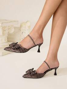 CUCCOO CHICEST Giày cao gót mũi nhọn họa tiết chấm bi trang trí nơ thanh lịch cho nữ - màu nâu - Xem 4