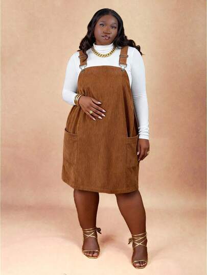 CurvyTilda 大码女式黑色灯芯绒连衣裙，带口袋和可调节肩带，女士连衣裙，Barnfit 感恩节服装，女士新年服装，冬季连衣裙，冬季服装，女士狂欢服装，毛衣裙