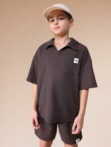 SUMWON Boys Textured Polo Shirt And Shorts Co-Ord Set With Chest Pocket Classic Collar Summer Casual Outfit - Coffee Brown - View 3