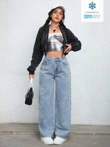 Jeanoix Jeans de pierna recta, ajuste holgado y casual con presillas para cinturón en color azul claro - Lavado ligero - Ver 5