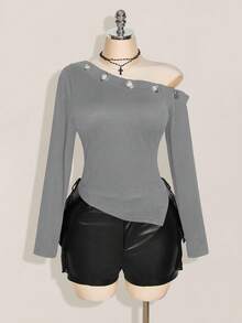SHEIN ICON Áo len dệt kim tay dài đính lỗ kim loại chéo vai cỡ lớn, thời trang thu đông Y2K cổ điển - Màu Xám nhạt - Xem 3