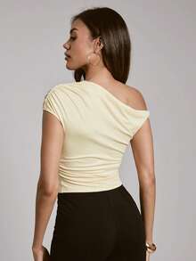 Hauture Blusa de punto amarillo mantequilla con un hombro, plisado lateral y diseño elegante y sencillo - amarillo ganso - Ver 2